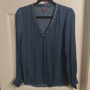 Vince Camuto Blue V-Neck Studded Blouse